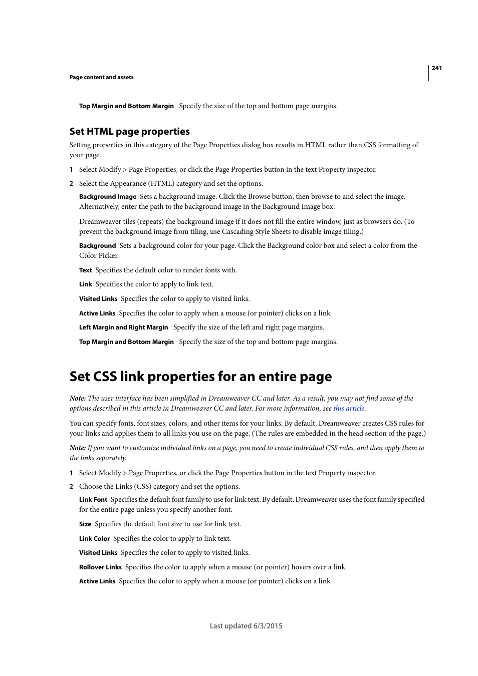 Set css link properties for an entire page, Set html page properties | Adobe Dreamweaver CC 2015 User Manual | Page 248 / 700