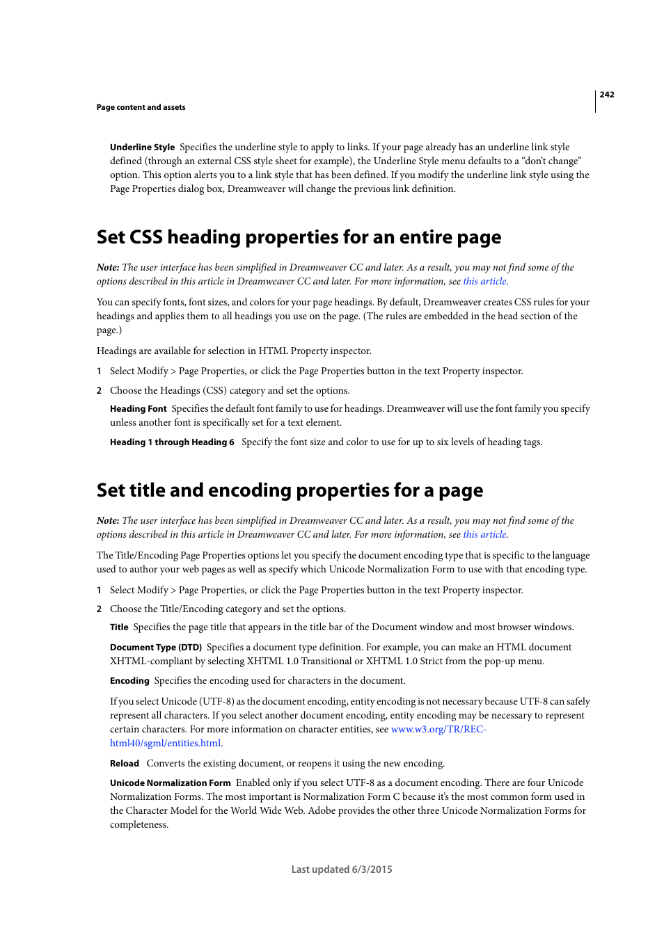 Set css heading properties for an entire page, Set title and encoding properties for a page | Adobe Dreamweaver CC 2015 User Manual | Page 249 / 700