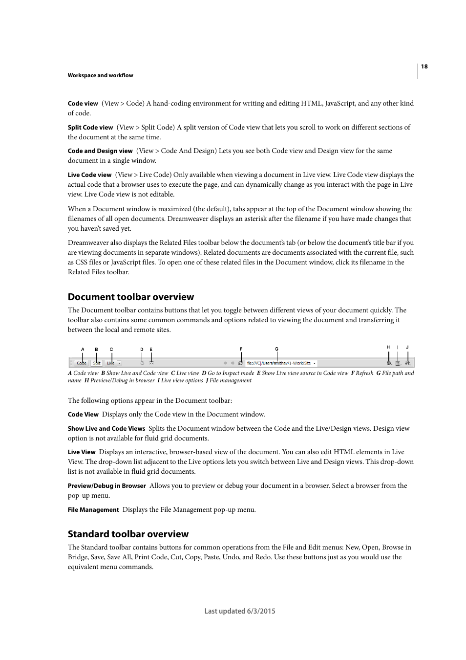 Document toolbar overview, Standard toolbar overview | Adobe Dreamweaver CC 2015 User Manual | Page 25 / 700