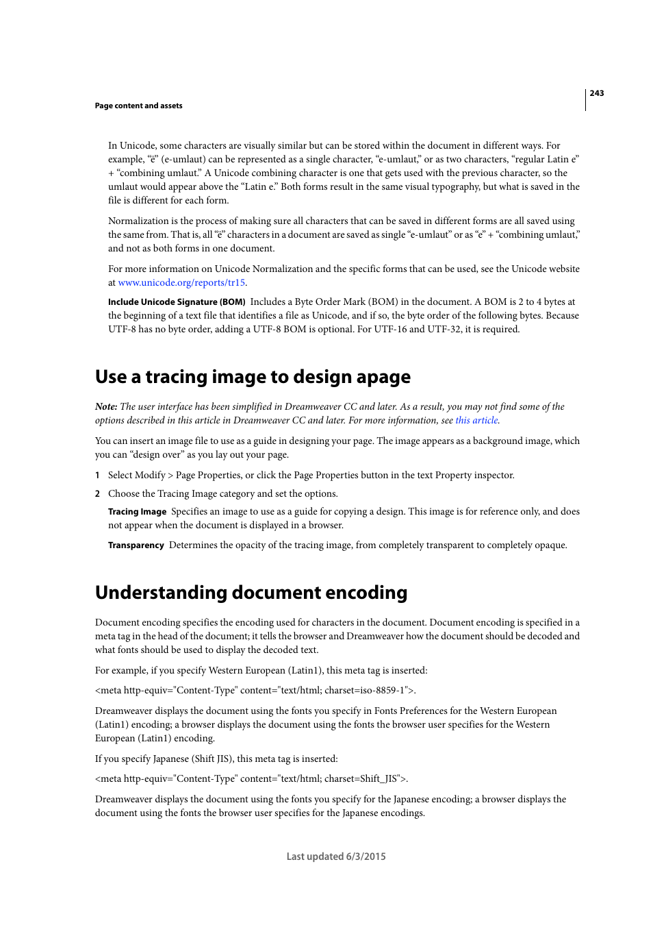 Understanding document encoding, Use a tracing image to design apage | Adobe Dreamweaver CC 2015 User Manual | Page 250 / 700