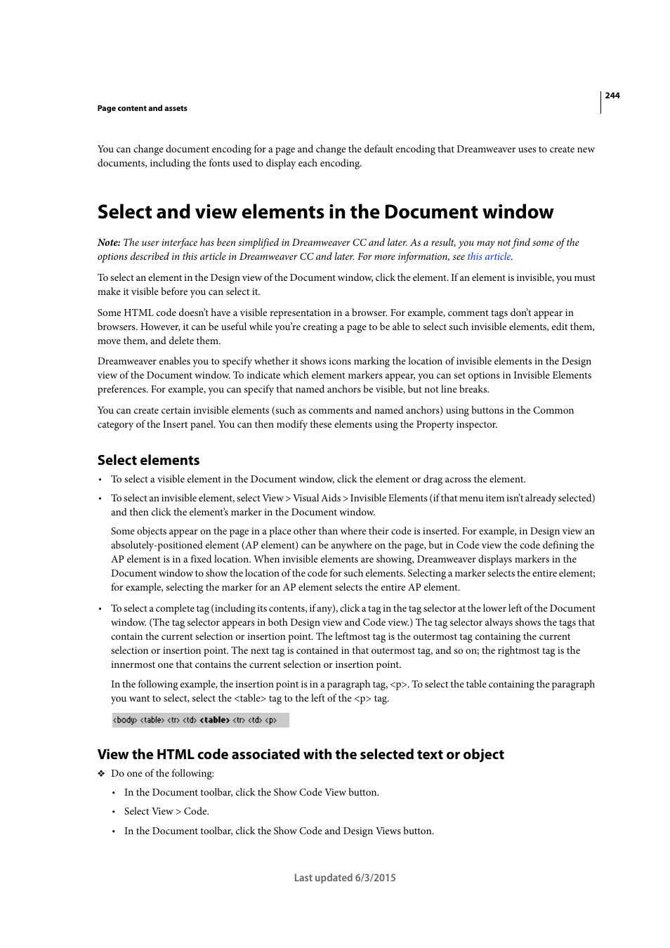 Select and view elements in the document window, Select elements | Adobe Dreamweaver CC 2015 User Manual | Page 251 / 700