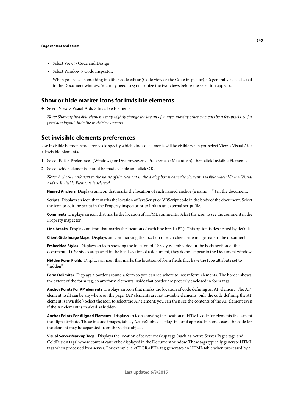 Show or hide marker icons for invisible elements, Set invisible elements preferences | Adobe Dreamweaver CC 2015 User Manual | Page 252 / 700