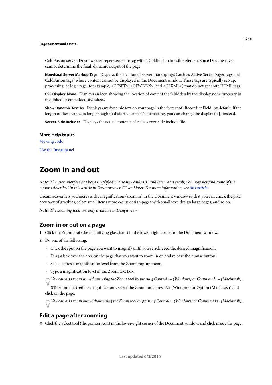 Zoom in and out, Zoom in or out on a page, Edit a page after zooming | Adobe Dreamweaver CC 2015 User Manual | Page 253 / 700