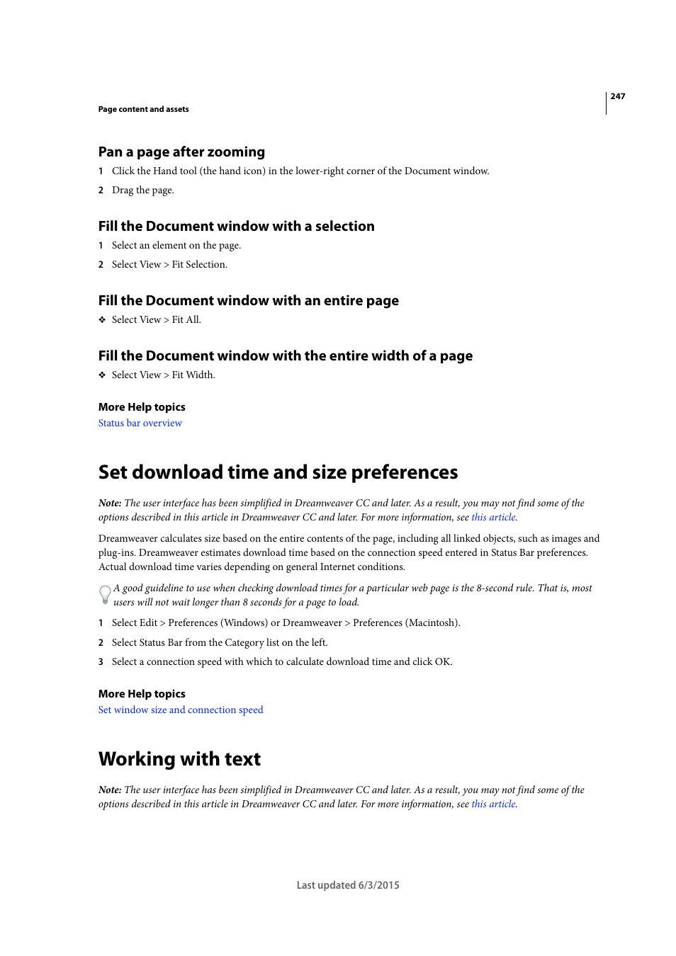 Fill the document window with a selection, Set download time and size preferences, Working with text | Pan a page after zooming, Fill the document window with an entire page | Adobe Dreamweaver CC 2015 User Manual | Page 254 / 700
