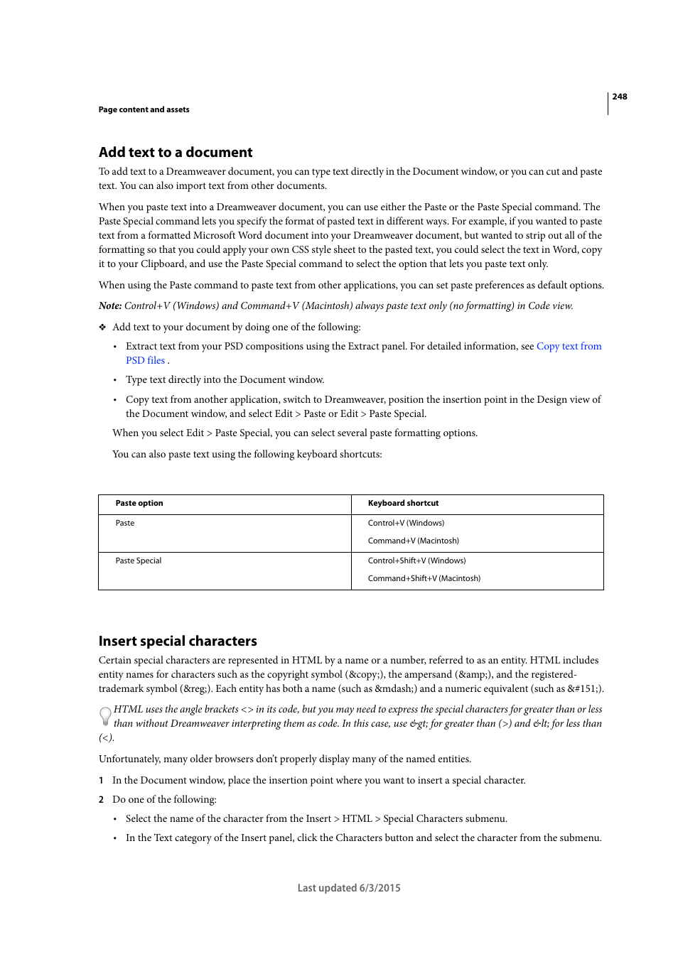 Add text to a document, Insert special characters | Adobe Dreamweaver CC 2015 User Manual | Page 255 / 700