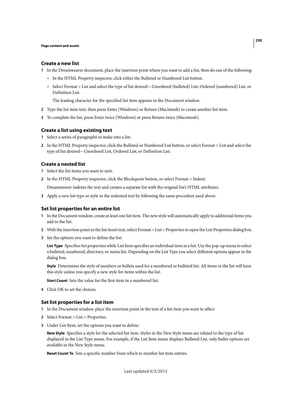 Create a new list, Create a list using existing text, Create a nested list | Set list properties for an entire list, Set list properties for a list item | Adobe Dreamweaver CC 2015 User Manual | Page 257 / 700