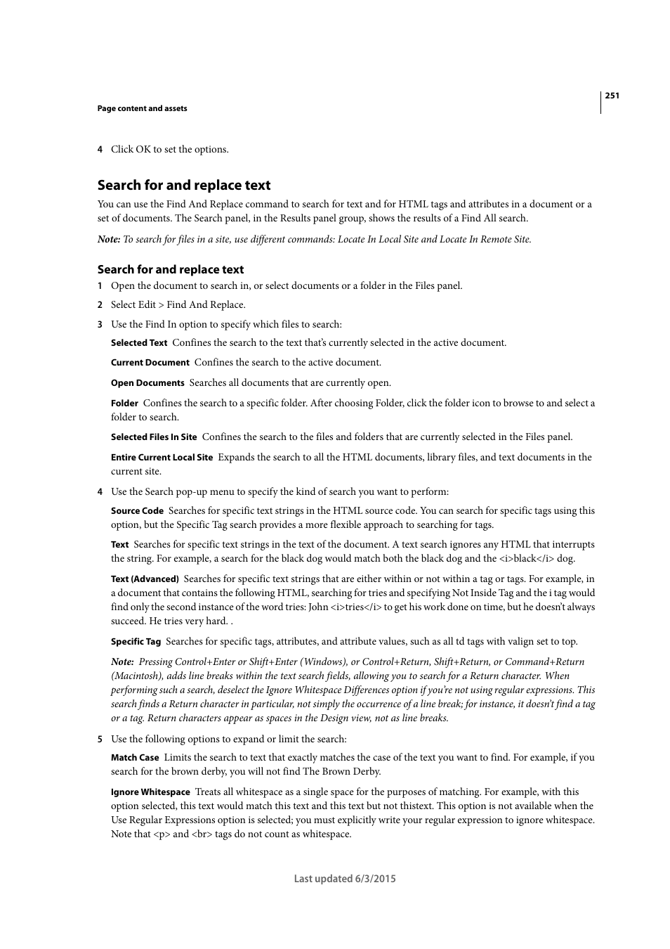 Search for and replace text | Adobe Dreamweaver CC 2015 User Manual | Page 258 / 700