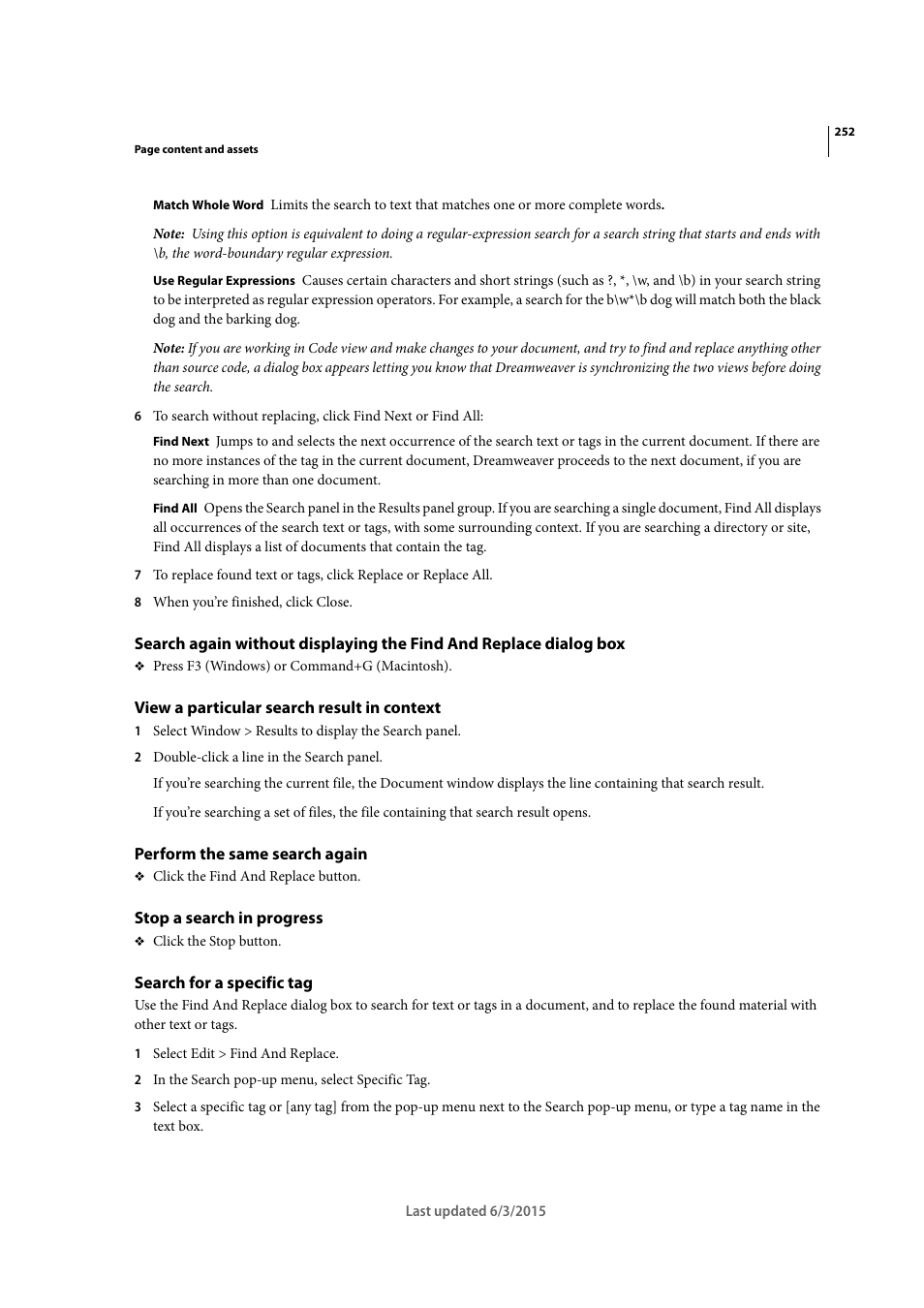 View a particular search result in context, Perform the same search again, Stop a search in progress | Search for a specific tag | Adobe Dreamweaver CC 2015 User Manual | Page 259 / 700