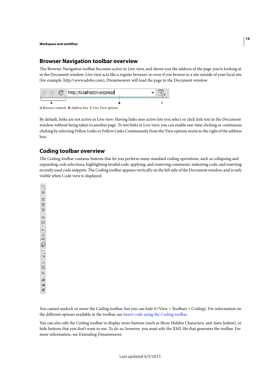 Browser navigation toolbar overview, Coding toolbar overview | Adobe Dreamweaver CC 2015 User Manual | Page 26 / 700