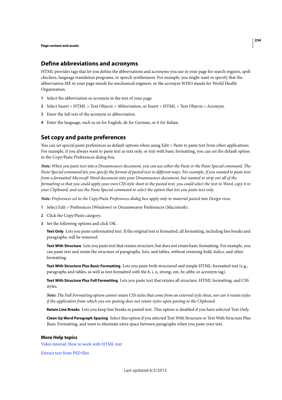 Define abbreviations and acronyms, Set copy and paste preferences | Adobe Dreamweaver CC 2015 User Manual | Page 261 / 700