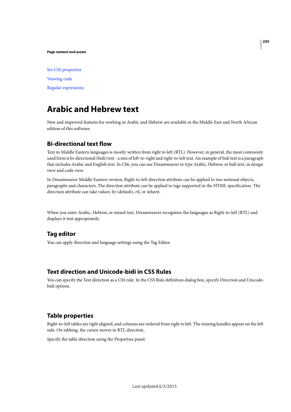 Arabic and hebrew text, Bi-directional text flow, Tag editor | Text direction and unicode-bidi in css rules, Table properties | Adobe Dreamweaver CC 2015 User Manual | Page 262 / 700