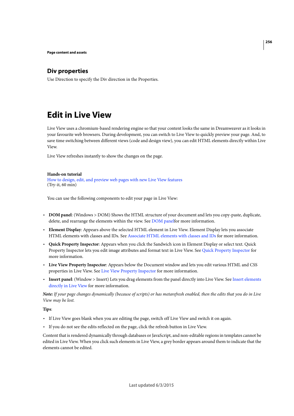 Div properties, Edit in live view | Adobe Dreamweaver CC 2015 User Manual | Page 263 / 700