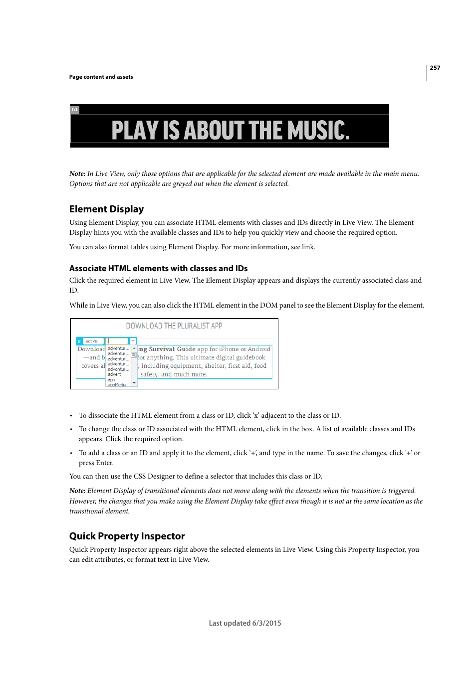 Element display, Associate html elements with classes and ids, Quick property inspector | Adobe Dreamweaver CC 2015 User Manual | Page 264 / 700