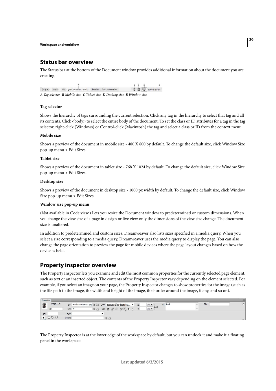 Status bar overview, Property inspector overview | Adobe Dreamweaver CC 2015 User Manual | Page 27 / 700