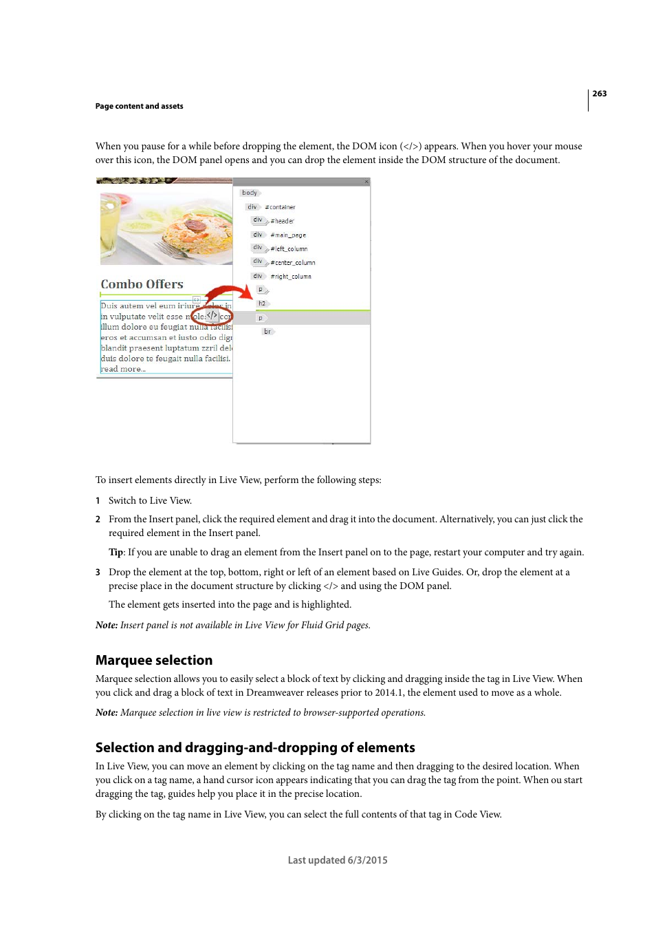 Marquee selection, Selection and dragging-and-dropping of elements | Adobe Dreamweaver CC 2015 User Manual | Page 270 / 700