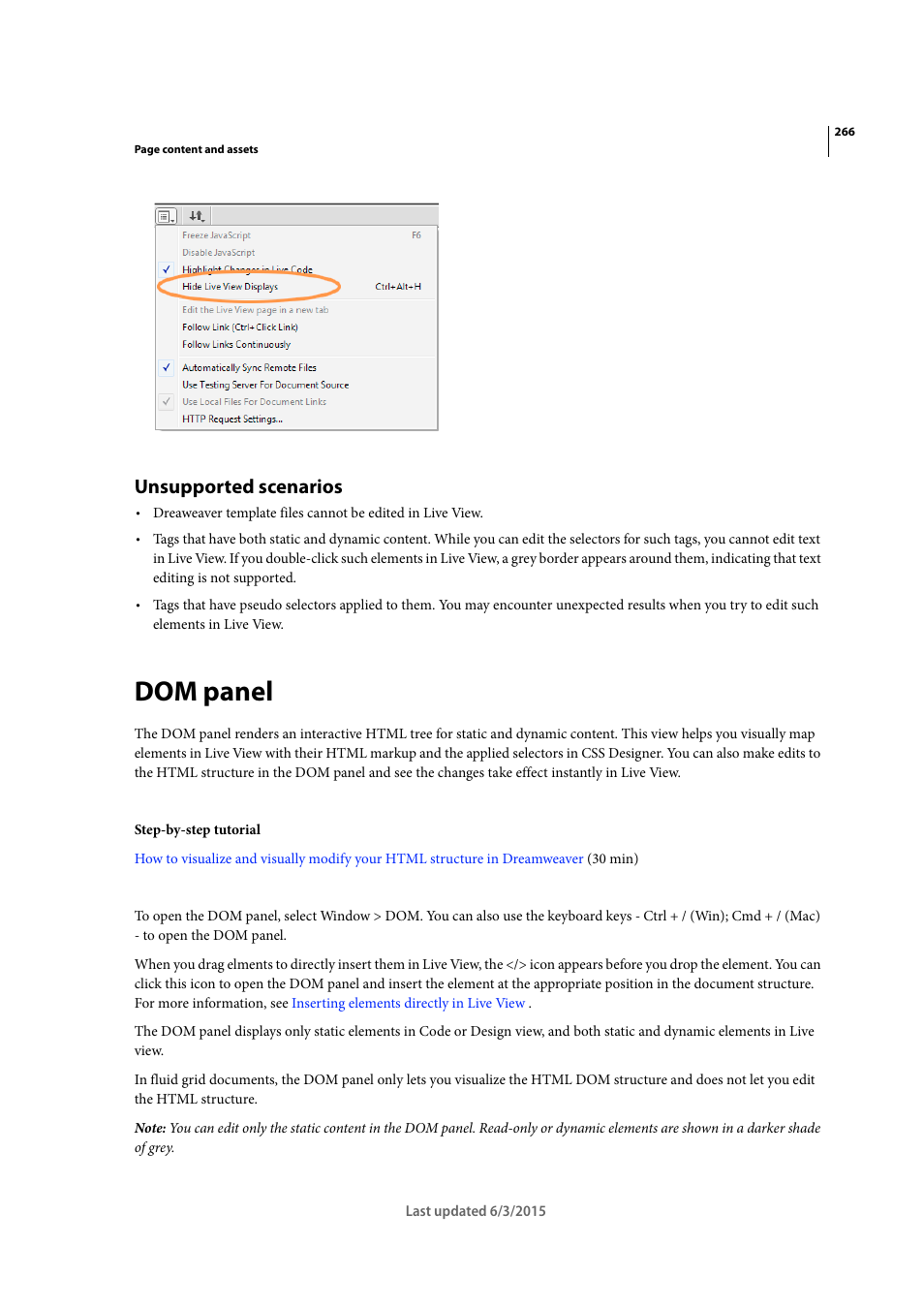 Unsupported scenarios, Dom panel | Adobe Dreamweaver CC 2015 User Manual | Page 273 / 700