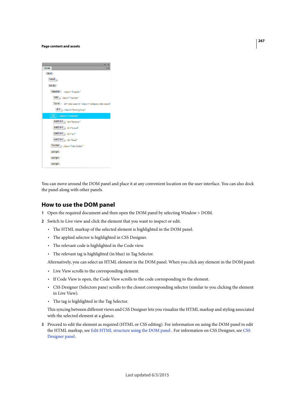 How to use the dom panel | Adobe Dreamweaver CC 2015 User Manual | Page 274 / 700