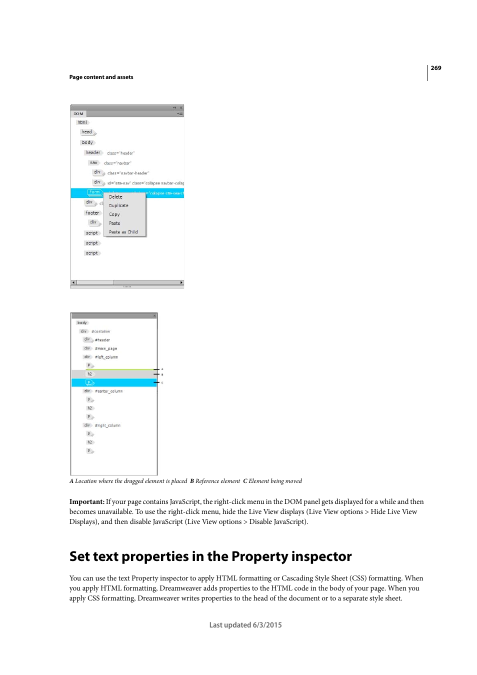 Set text properties in the property inspector | Adobe Dreamweaver CC 2015 User Manual | Page 276 / 700