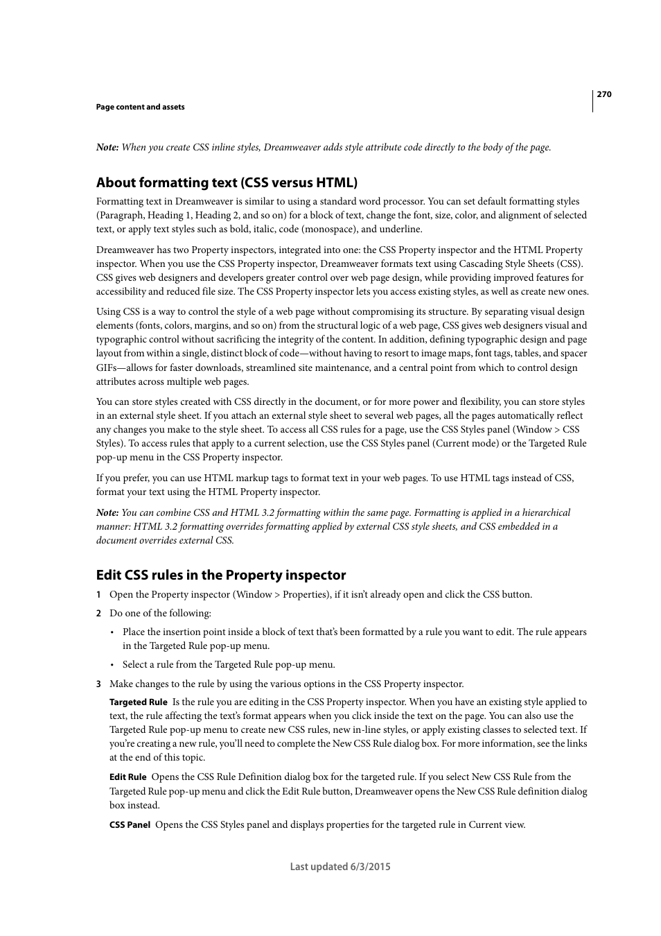 About formatting text (css versus html), Edit css rules in the property inspector | Adobe Dreamweaver CC 2015 User Manual | Page 277 / 700