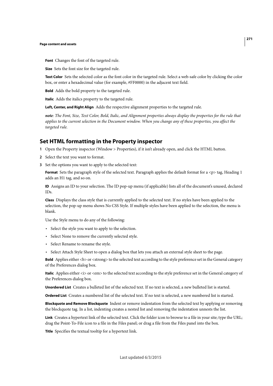 Set html formatting in the property inspector | Adobe Dreamweaver CC 2015 User Manual | Page 278 / 700