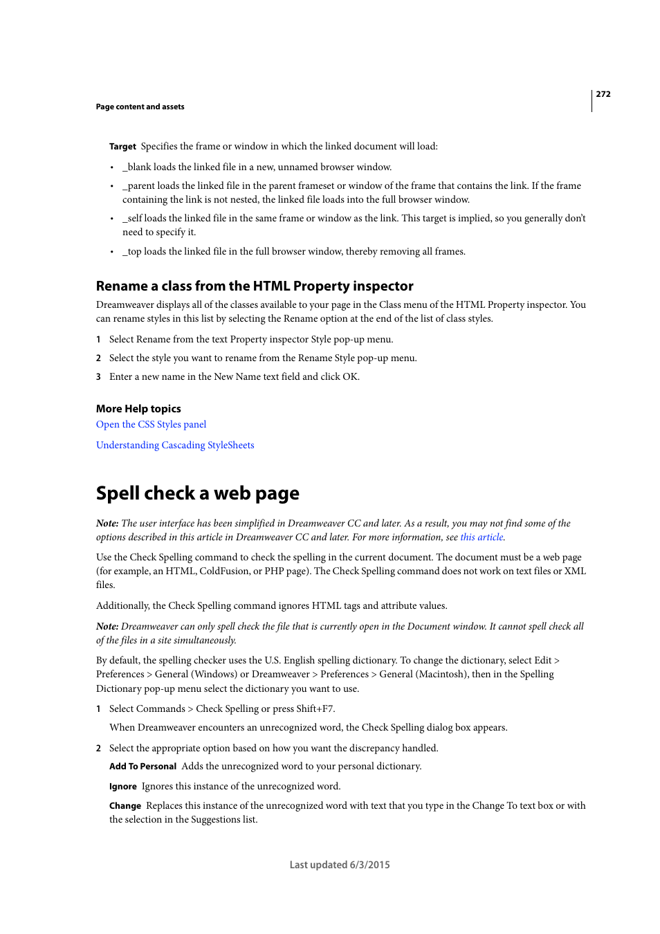 Rename a class from the html property inspector, Spell check a web page | Adobe Dreamweaver CC 2015 User Manual | Page 279 / 700