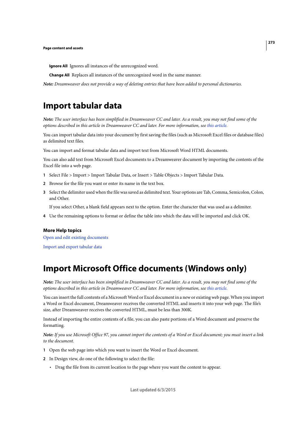 Import tabular data, Import microsoft office documents (windows only) | Adobe Dreamweaver CC 2015 User Manual | Page 280 / 700