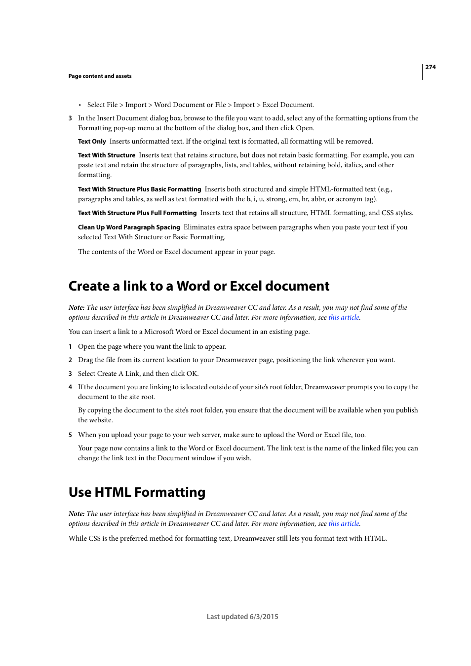 Create a link to a word or excel document, Use html formatting | Adobe Dreamweaver CC 2015 User Manual | Page 281 / 700