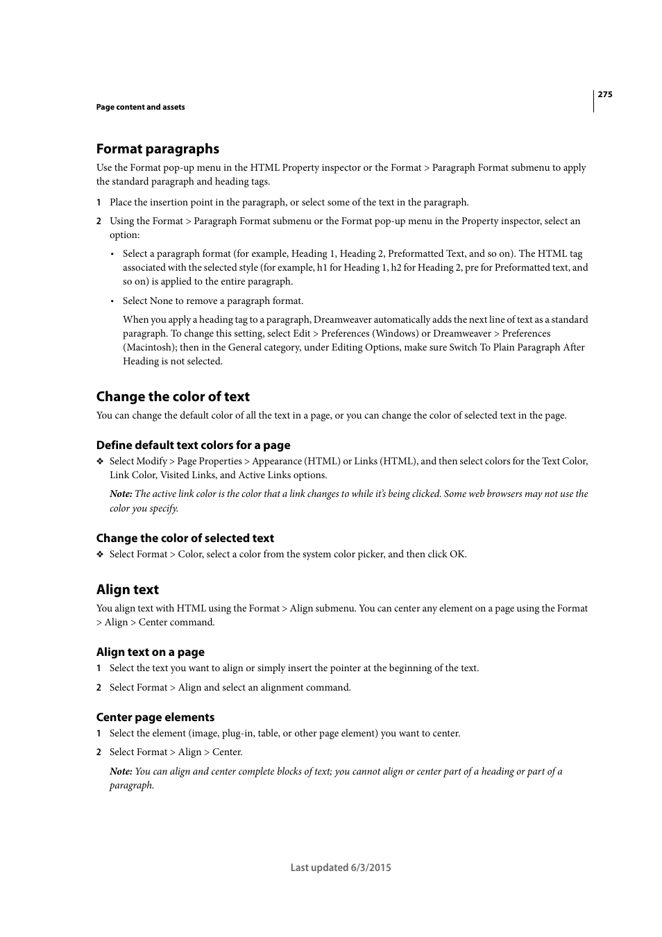 Format paragraphs, Change the color of text, Change the color of selected text | Align text | Adobe Dreamweaver CC 2015 User Manual | Page 282 / 700