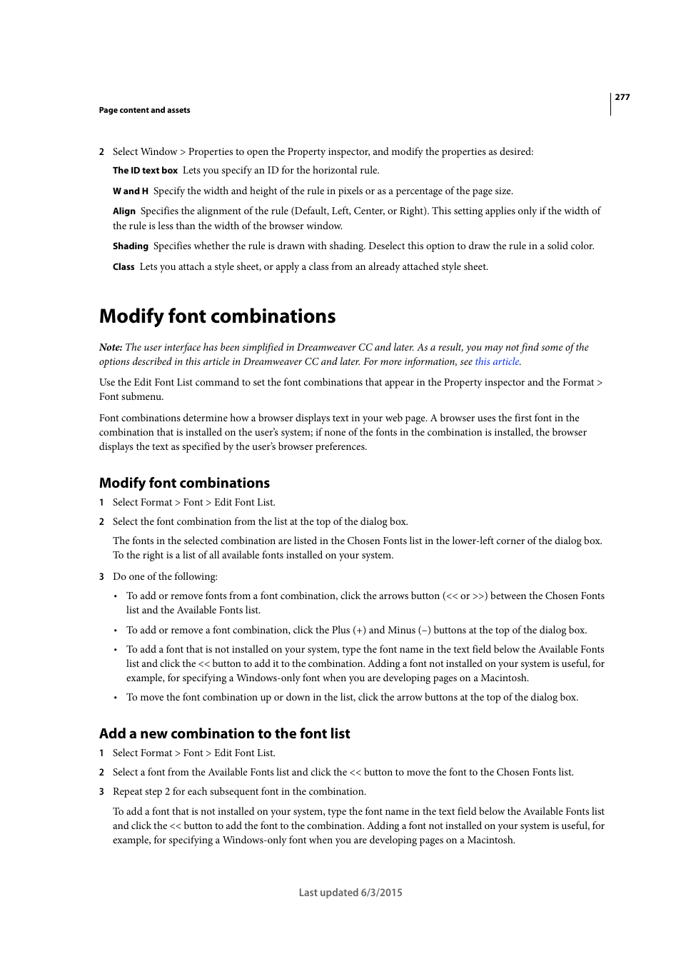 Modify font combinations, Add a new combination to the font list | Adobe Dreamweaver CC 2015 User Manual | Page 284 / 700