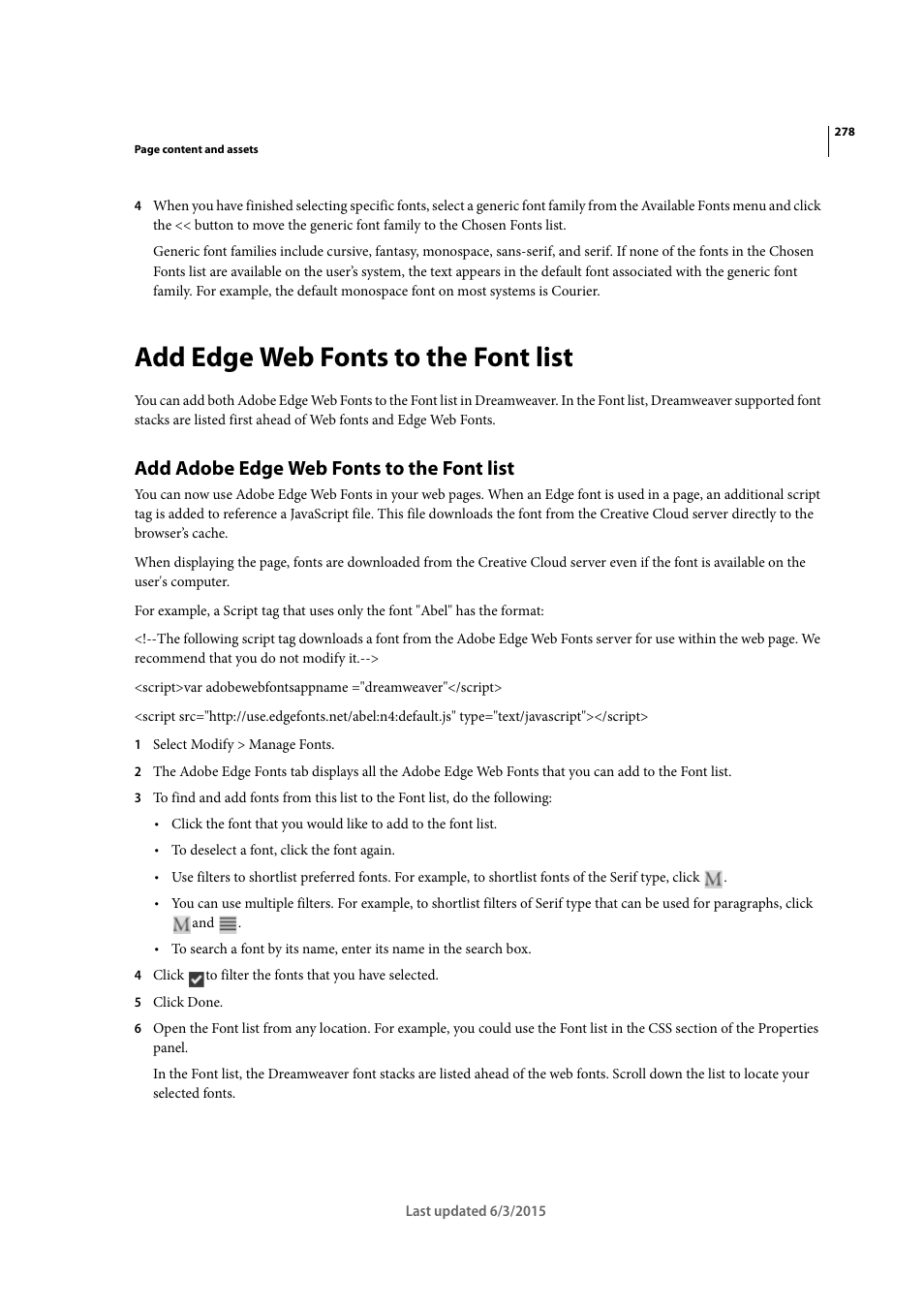 Add edge web fonts to the font list, Add adobe edge web fonts to the font list | Adobe Dreamweaver CC 2015 User Manual | Page 285 / 700