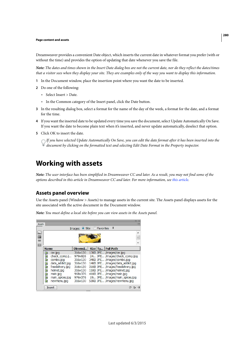 Working with assets, Assets panel overview | Adobe Dreamweaver CC 2015 User Manual | Page 287 / 700