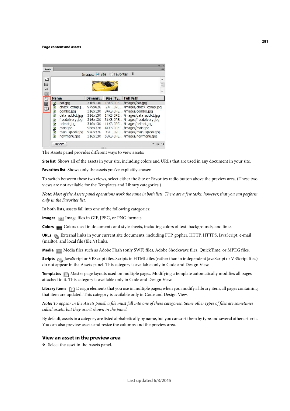 View an asset in the preview area | Adobe Dreamweaver CC 2015 User Manual | Page 288 / 700