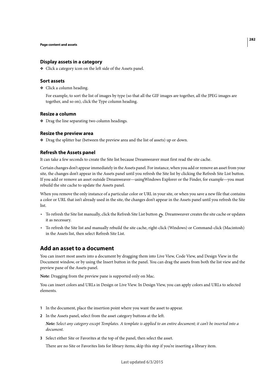 Display assets in a category, Sort assets, Resize a column | Resize the preview area, Refresh the assets panel, Add an asset to a document | Adobe Dreamweaver CC 2015 User Manual | Page 289 / 700