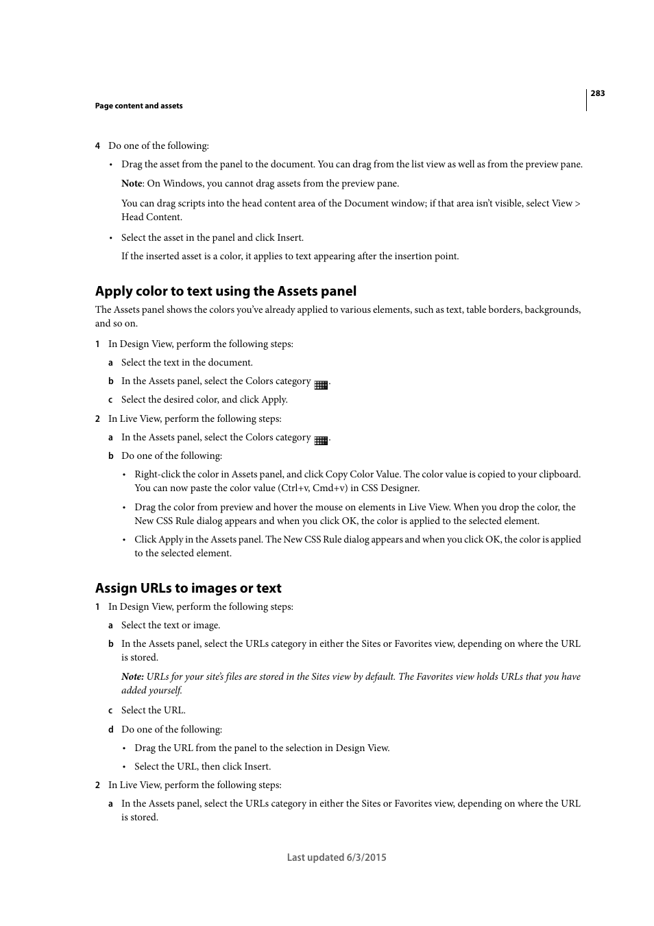 Apply color to text using the assets panel, Assign urls to images or text | Adobe Dreamweaver CC 2015 User Manual | Page 290 / 700