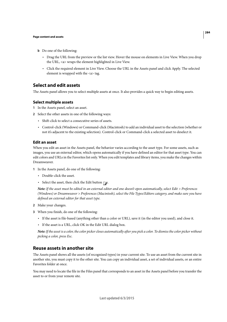 Select and edit assets, Select multiple assets, Edit an asset | Reuse assets in another site | Adobe Dreamweaver CC 2015 User Manual | Page 291 / 700