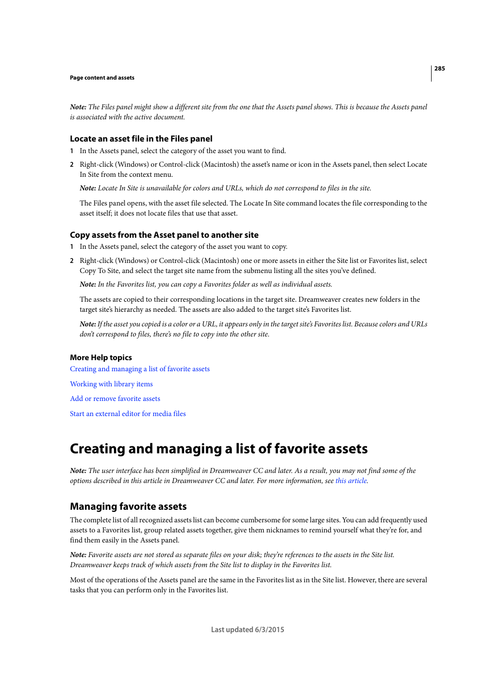 Locate an asset file in the files panel, Copy assets from the asset panel to another site, Creating and managing a list of favorite assets | Managing favorite assets | Adobe Dreamweaver CC 2015 User Manual | Page 292 / 700