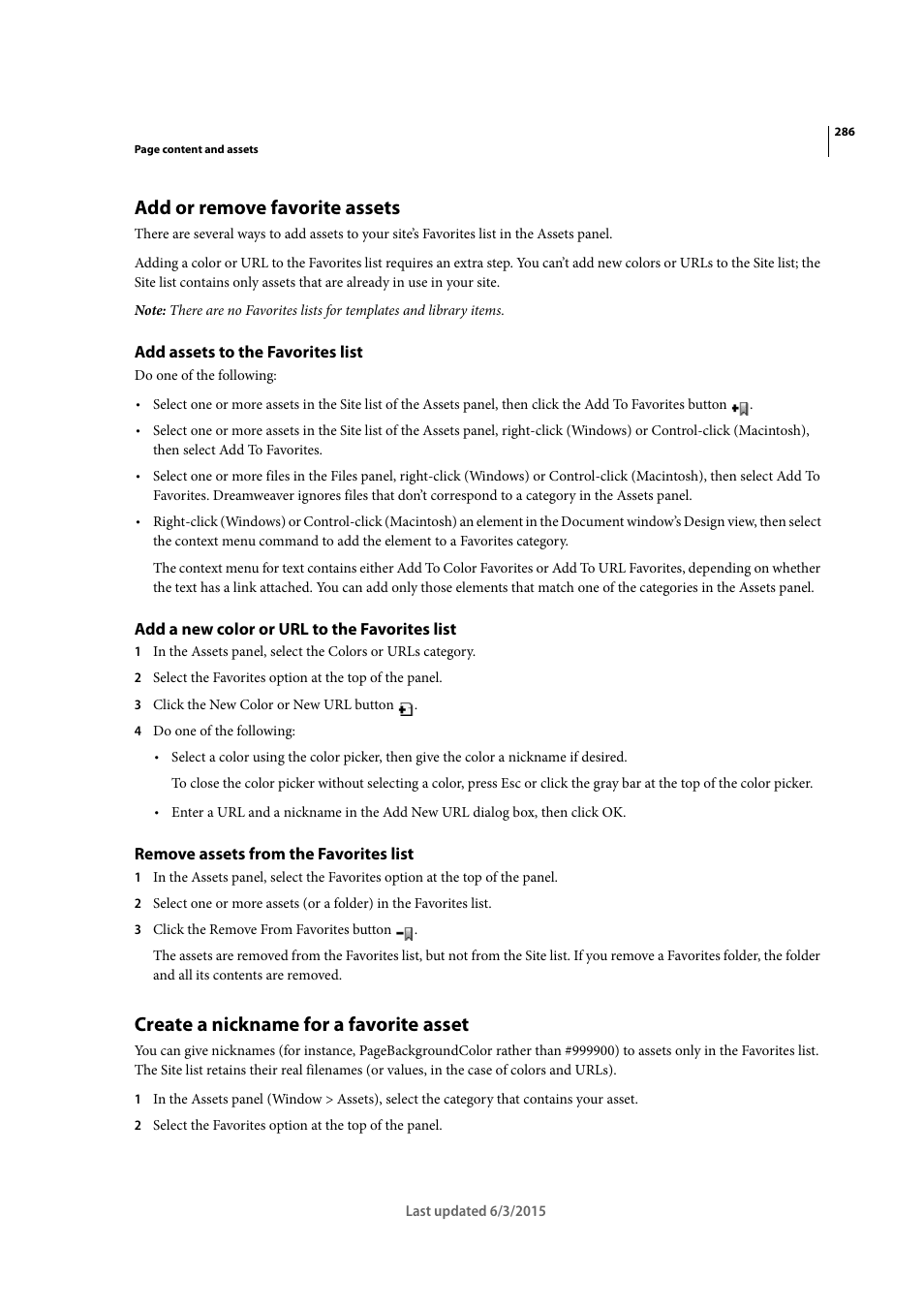 Add or remove favorite assets, Add assets to the favorites list, Add a new color or url to the favorites list | Remove assets from the favorites list, Create a nickname for a favorite asset | Adobe Dreamweaver CC 2015 User Manual | Page 293 / 700