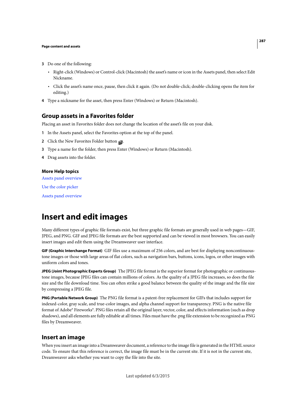 Group assets in a favorites folder, Insert and edit images, Insert an image | Adobe Dreamweaver CC 2015 User Manual | Page 294 / 700