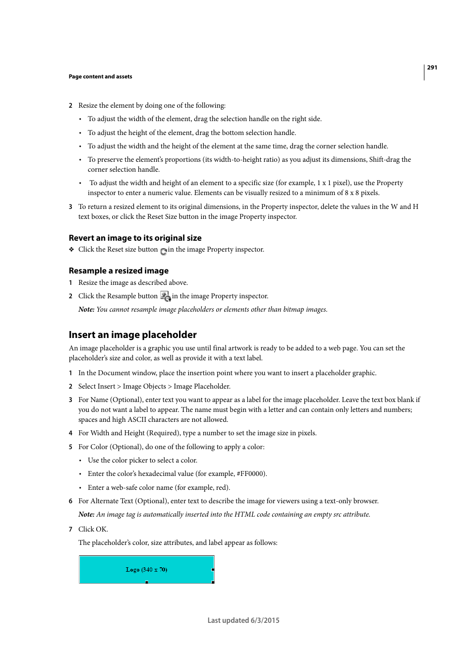 Revert an image to its original size, Resample a resized image, Insert an image placeholder | Adobe Dreamweaver CC 2015 User Manual | Page 298 / 700