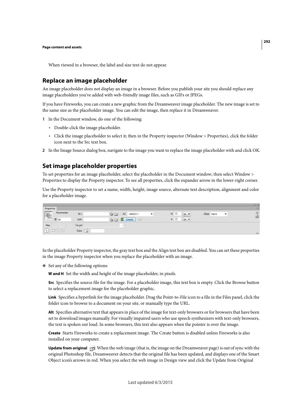 Replace an image placeholder, Set image placeholder properties | Adobe Dreamweaver CC 2015 User Manual | Page 299 / 700