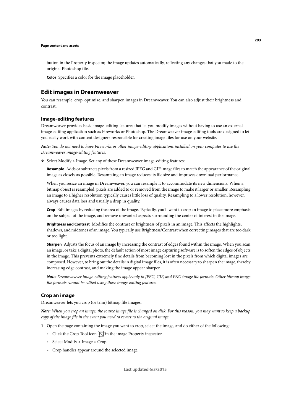 Edit images in dreamweaver, Image-editing features, Crop an image | Adobe Dreamweaver CC 2015 User Manual | Page 300 / 700