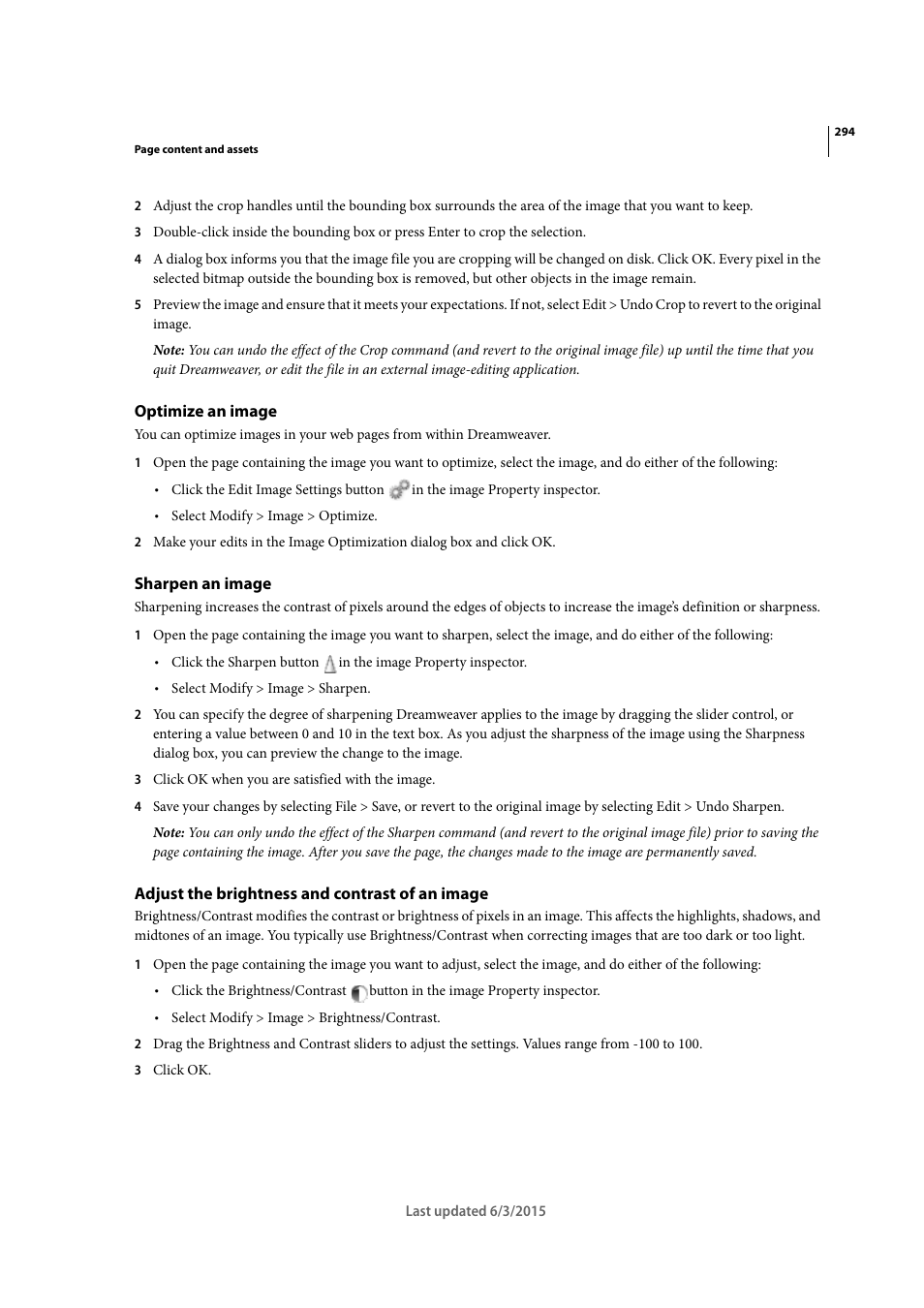 Optimize an image, Sharpen an image, Adjust the brightness and contrast of an image | Adobe Dreamweaver CC 2015 User Manual | Page 301 / 700