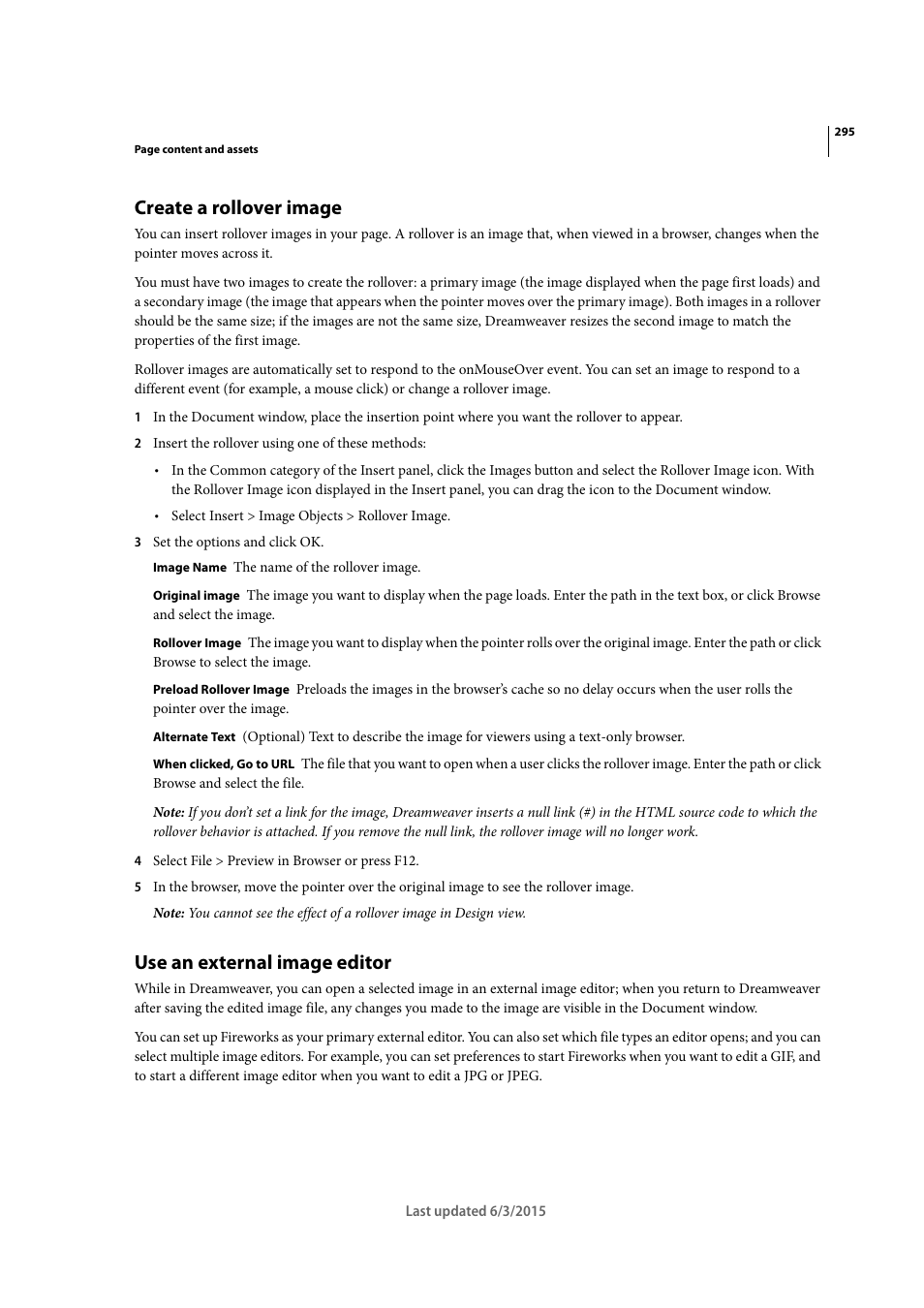 Create a rollover image, Use an external image editor | Adobe Dreamweaver CC 2015 User Manual | Page 302 / 700