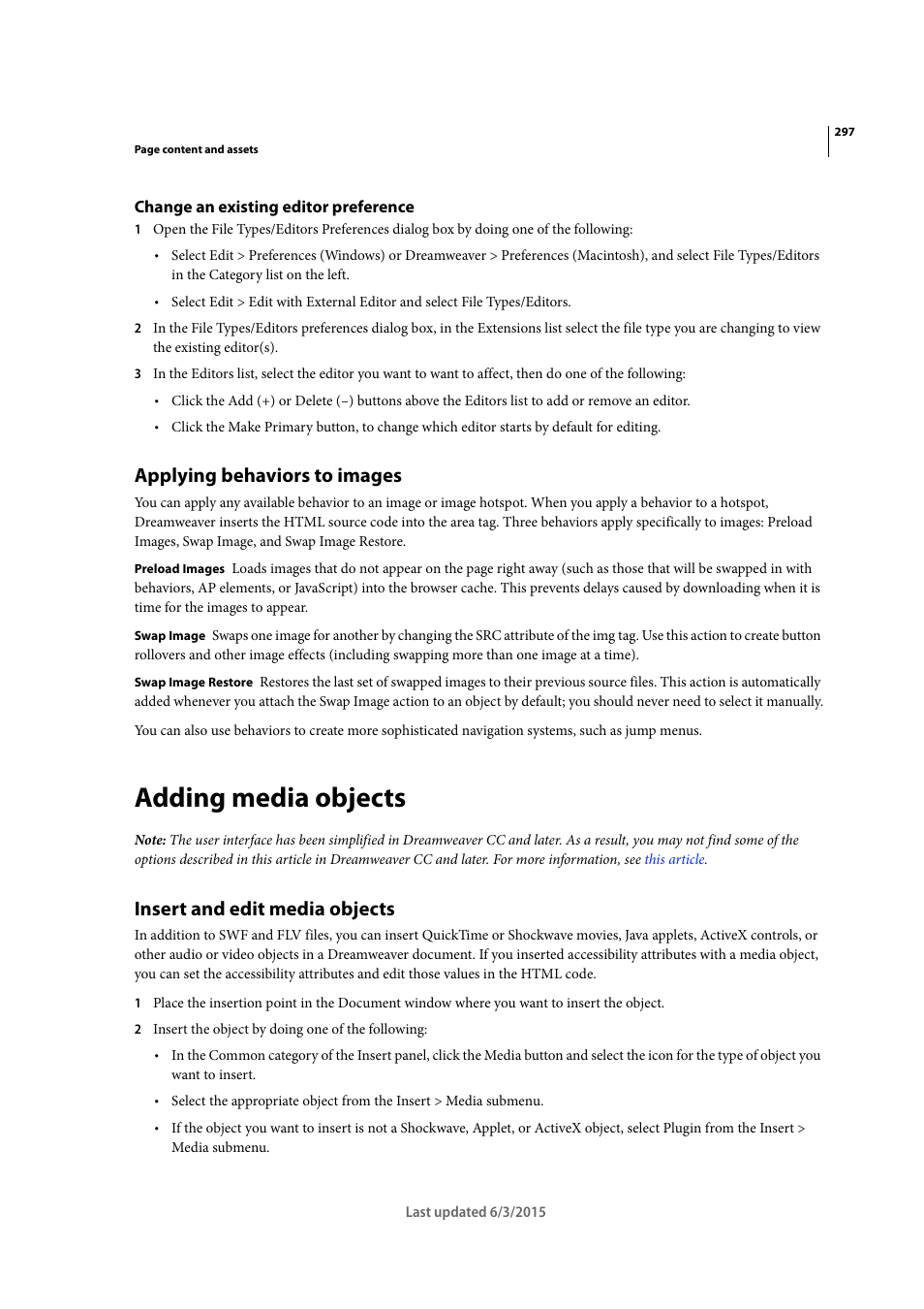 Change an existing editor preference, Applying behaviors to images, Adding media objects | Insert and edit media objects | Adobe Dreamweaver CC 2015 User Manual | Page 304 / 700