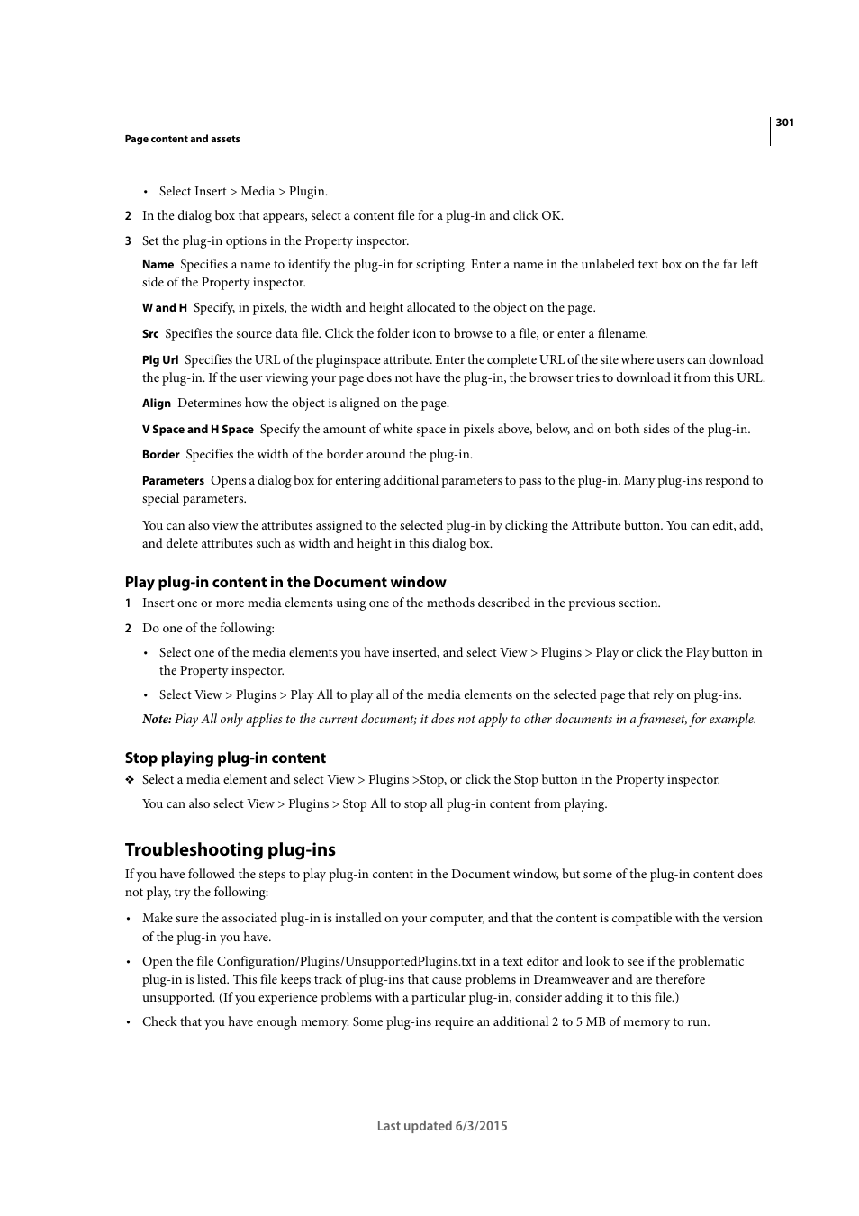 Play plug-in content in the document window, Stop playing plug-in content, Troubleshooting plug-ins | Adobe Dreamweaver CC 2015 User Manual | Page 308 / 700