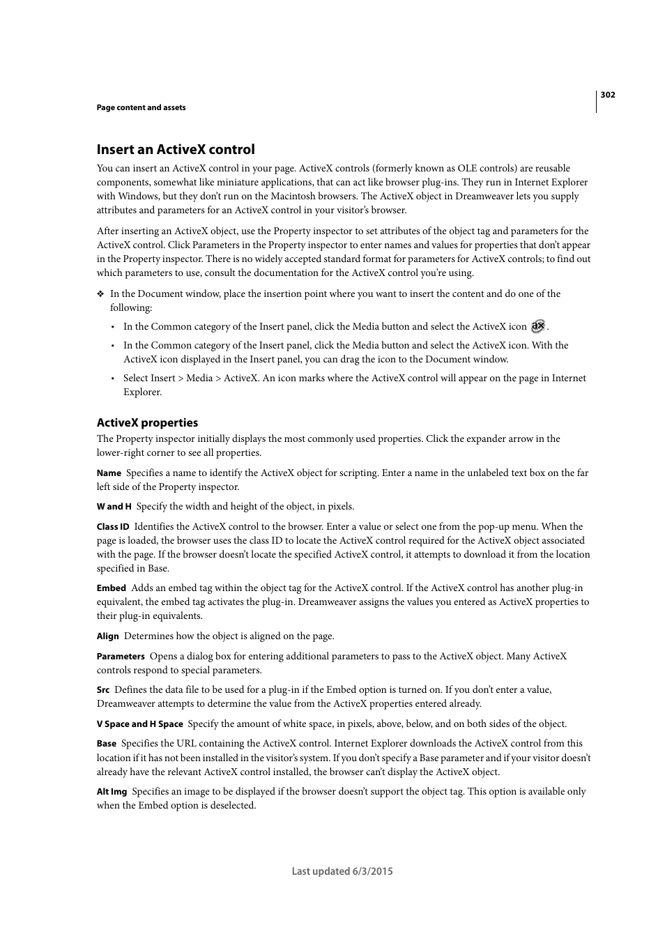 Insert an activex control, Activex properties | Adobe Dreamweaver CC 2015 User Manual | Page 309 / 700