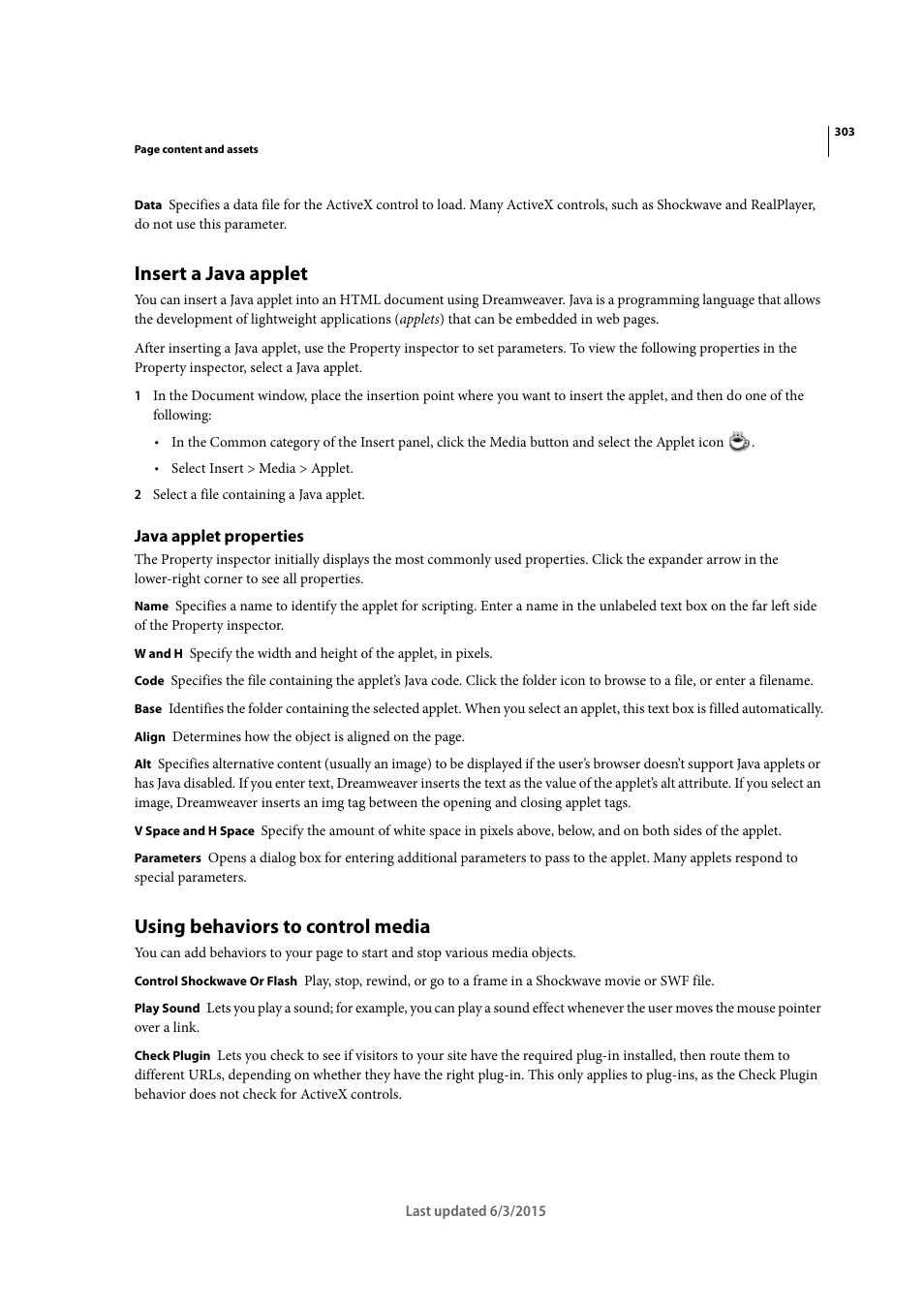 Insert a java applet, Java applet properties, Using behaviors to control media | Adobe Dreamweaver CC 2015 User Manual | Page 310 / 700