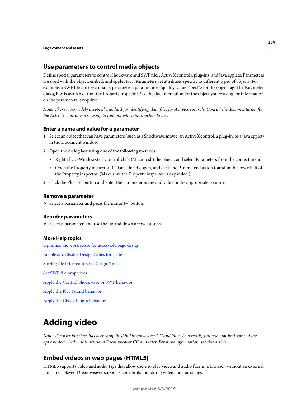 Use parameters to control media objects, Enter a name and value for a parameter, Remove a parameter | Reorder parameters, Adding video, Embed videos in web pages (html5) | Adobe Dreamweaver CC 2015 User Manual | Page 311 / 700