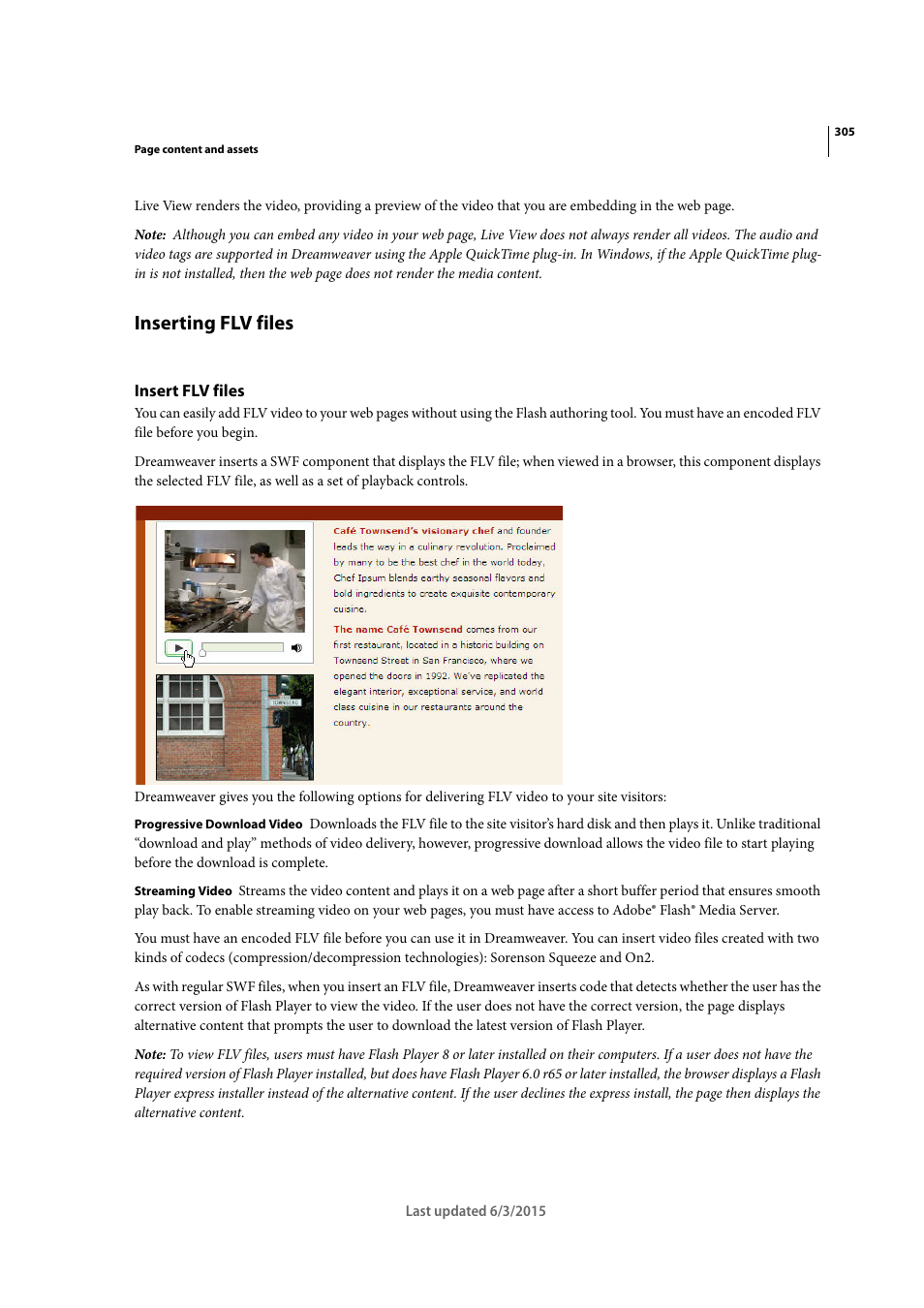 Inserting flv files, Insert flv files | Adobe Dreamweaver CC 2015 User Manual | Page 312 / 700