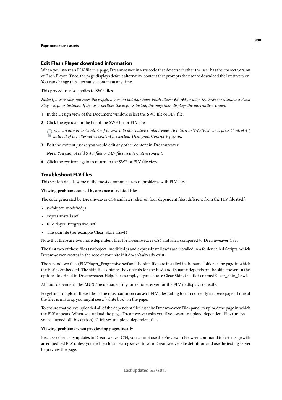 Edit flash player download information, Troubleshoot flv files | Adobe Dreamweaver CC 2015 User Manual | Page 315 / 700